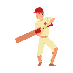 Man in cap and sport uniform stands holding cricket bat cartoon style