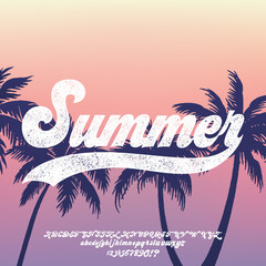 California. Hand made script font. Vacation summer time. Waikiki beach. Vector illustration. Retro typeface and logo. Summer style.
