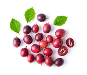 Mango yawning lime boo or Carissa carandas Linn,Karanda, Carunda with leaf isolated on white background. top view