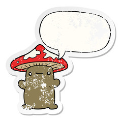 cartoon mushroom and speech bubble distressed sticker