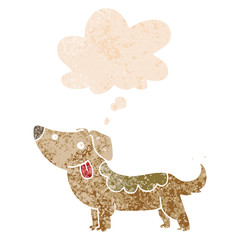 cartoon dog and thought bubble in retro textured style