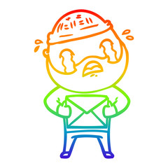 rainbow gradient line drawing cartoon bearded man crying