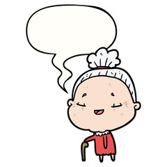 cartoon old woman and walking stick and speech bubble