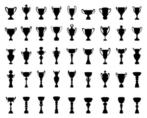 Black silhouettes of trophy cup on a white background