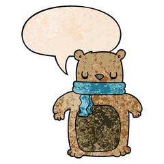 cartoon bear and scarf and speech bubble in retro texture style