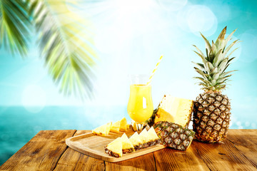 Fresh tasty tropical fruit and desk of free space for your decoration. Summer time. 