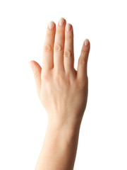 Woman Hands gestures on over white background. Isolated.
