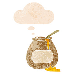 cartoon honey pot and thought bubble in retro textured style