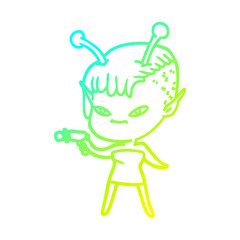 cold gradient line drawing cute cartoon alien girl