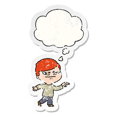 cartoon angry man pointing and thought bubble as a distressed worn sticker