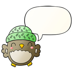 cute cartoon owl in hat and speech bubble in smooth gradient style