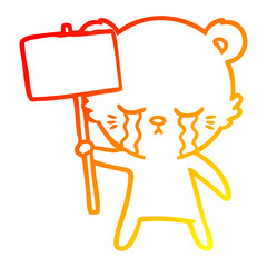 warm gradient line drawing crying cartoon bear with sign post