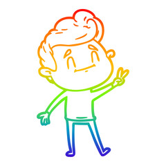 rainbow gradient line drawing happy cartoon man giving a peace sign