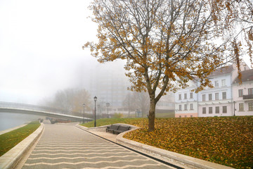 Autumn cityscape in the fog.