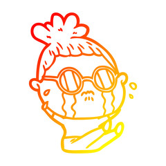 warm gradient line drawing cartoon crying woman wearing spectacles