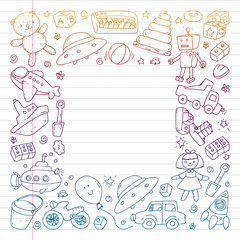 Fototapeta na wymiar Vector pattern with kindergarten, toy children. Happy children illustration. Gradient drawing on exercise notebook.
