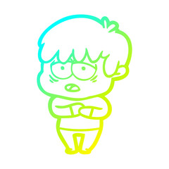 cold gradient line drawing cartoon exhausted boy