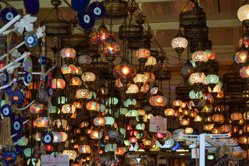 Turkish decorative lamps for sale in souvenir shop window