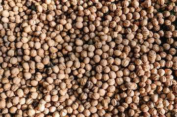 Walnuts background, texture. Whole walnut, healthy organic food concept. Top view. View above. flat lay.