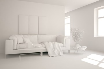 Mock up of stylish room in white color with sofa. Scandinavian interior design. 3D illustration