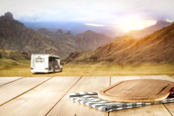 Desk of free space and beach background 