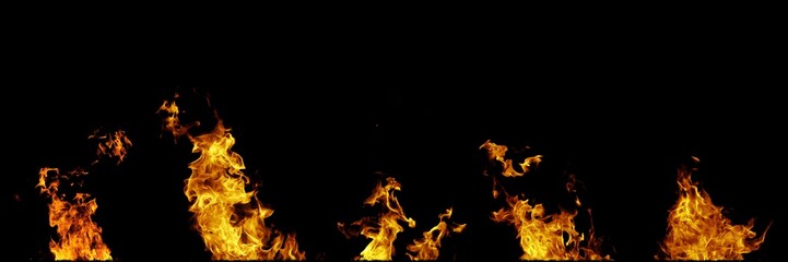 Fototapeta premium Real fire flames isolated on black background. Mockup on black of 5 flames.