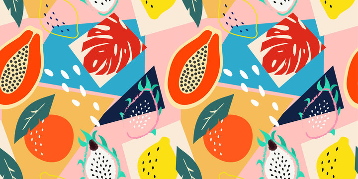 Contemporary abstract floral seamless pattern. Modern exotic tropical fruits and plants. Vector colored design. © Tayisiya