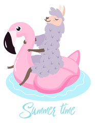 Funny illustration of a cute llama on a flamingo inflatable pool float. Vector template for greeting card, banner, postcard, poster.