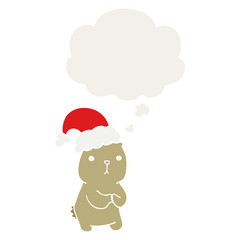 cartoon christmas bear worrying and thought bubble in retro style