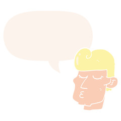 cartoon handsome man and speech bubble in retro style