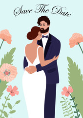 Wedding card with couple in love. Vector illustration.