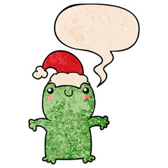 cute cartoon frog wearing christmas hat and speech bubble in retro texture style