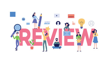 Fototapeta na wymiar Review text with customers giving online feedback banner flat vector illustration.
