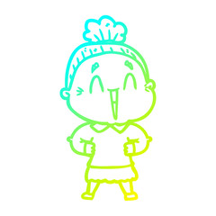 cold gradient line drawing cartoon happy old lady