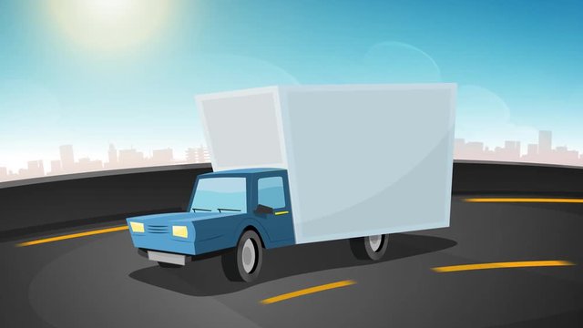 Cartoon Car Driving On City Highway Loop/ 4k animation of a cartoon truck driving on the urban road highway, seamless looping