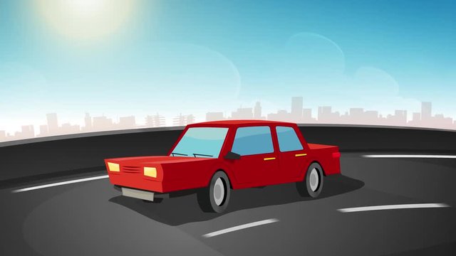 Cartoon Car Driving On City Highway Loop/ 4k animation of a cartoon car driving on the urban road highway, seamless looping