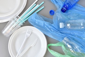 Plastic products, plates, fork and knife, produce bags, straws, cups, bottles.