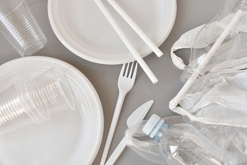 Plastic products, plates, fork and knife, produce bags, straws, cups, bottles.