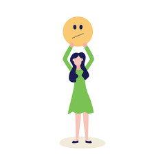 Woman with feedback negative emoticon flat vector illustration isolated on white.