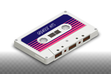 Isometric Realistic Isolated White Compact Cassette - 80s Retro