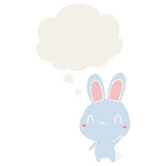 cartoon rabbit waving and thought bubble in retro style