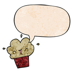 cartoon cupcake and speech bubble in retro texture style