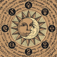 Illustration of the sun and crescent moon in an octagonal star with magical inscriptions and symbols on the beige background. Vector banner with old manuscript in retro style written in a circle.