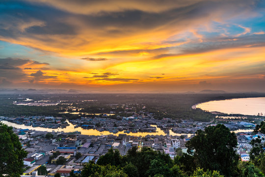 Landscape sunset at Mutsea Mountain View Point Chumphon, Thailand. Located above the Chumphon river mouth and cover the sea