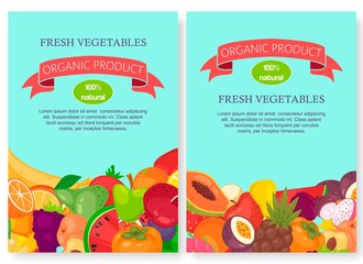 Vegetables and fruit set of banners vector illustration. Organic and natural, fresh food products. Banana, watermelon, grapes, pineapple and lemon. Healthy eating. Vitamins.