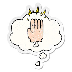 cartoon magic halloween zombie hand and thought bubble as a distressed worn sticker