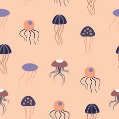 Purple and orange jellyfish in a seamless pattern design