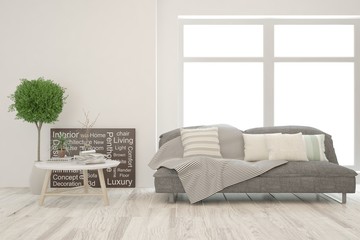 Stylish room in white color with sofa. Scandinavian interior design. 3D illustration