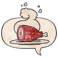 cartoon cooked meat and speech bubble in retro texture style