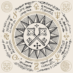 Illustration with old hand-drawn keys and handwritten magic inscriptions, symbols, runes. Vector banner with an ancient manuscript written in a circle in retro style.